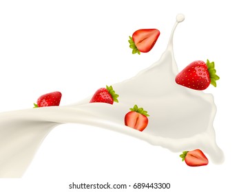 vector isolated milk splash with strawberry berries on white background