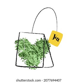 Vector isolated mixed linear illustration with an abstract bag of green, herb tea. There is a lettering tea. You can use the element in web design, banners, etc.