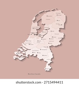 Vector aislado ilustración moderna. Mapa administrativo simplificado de los Países Bajos en colores beige. Nombres de las ciudades y provincias. Fondo marrón.