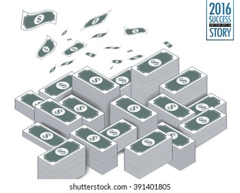 Vector isolated money.Big stacked pile of cash.