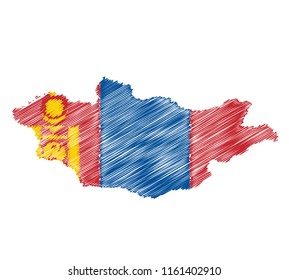 Vector of isolated Mongolia map with the flag. Engraving style hatching pen pencil painting illustration concept.