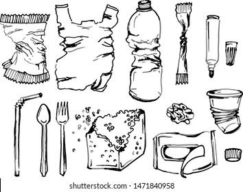Vector isolated monochrome doodle plastic rubbish black outlines, hand drawn garbage, sketch style