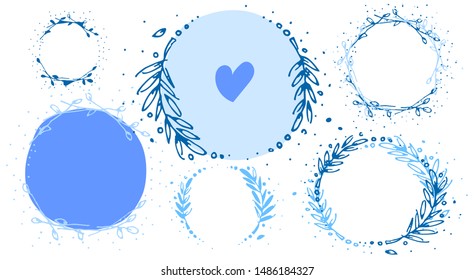 Vector isolated monochrome doodle wreaths and frames, dainty delicate lineart outlines, hand drawn