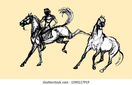  vector isolated monochrome drawings of two galloping horses and a rider on a beige background