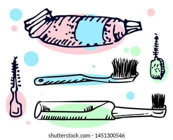 Vector isolated monochrome electric and simple tooth brushes and toothpaste, doodle style