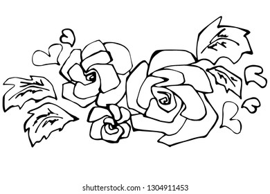 Vector isolated monochrome line colorless roses with hearts and leaves for st valentine's day