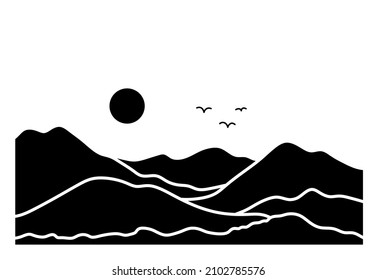 Dibujo gráfico de contorno negro del paisaje montañoso aislado por vectores