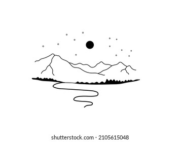 Vector isolated mountain landscape colorless black and white graphic illustration