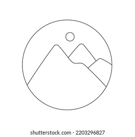 Vector isolated mountain peaks and sun in circle colorless black and white contour line easy drawing