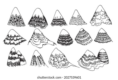 vector isolated mountain set with a texture pattern of lines and dots. hand-drawn mountains in the style of doodles with a black outline with an ornament on a white background. hand-drawn hills