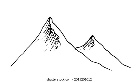 Vector isolated mountain top.A chain of mountains drawn by hand with an isolated black line on a white background. mountain peaks with texture strokes simple sketch style drawing for a design template