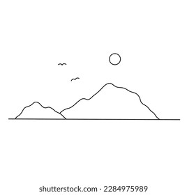 Vector isolated mountains hills sun landscape colorless black and white contour line easy drawing