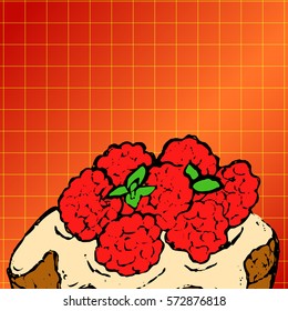 Vector isolated muffin sweet chocolate glaze with raspberries and mint peeking from the bottom image on orange plaid retro background.