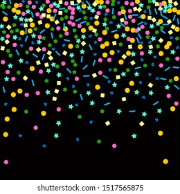 Vector isolated multicolored confetti splash on black square background. Confetti Fall From Top To Bottom. Template for holiday designs, invitation, postcard, party, birthday, wedding, solemnity.