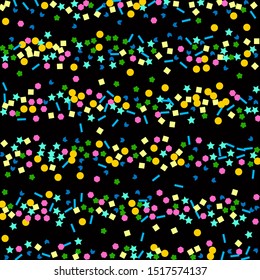 Vector isolated multicolored confetti splash on black square background. Confetti Horizontal Strips. Template for holiday designs, invitation, postcard, party, birthday, wedding, solemnity.