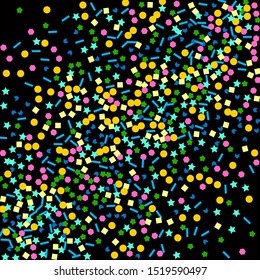 Vector isolated multicolored confetti splash on black square background. Carnival Retro Confetti Splash. Template for holiday designs, invitation, postcard, party, birthday, wedding, solemnity