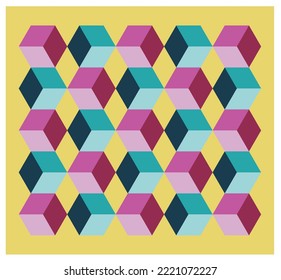 Vector isolated multicolored geometric abstraction in square abstract minimal geometry pink and green cubes alternation on yellow background optical illusion