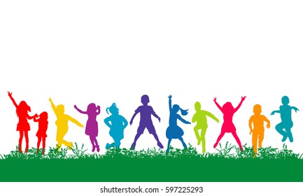 Vector, isolated, multicolored silhouettes of jumping children