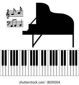 Vector Isolated music elements of a baby grand piano, music, and notes.