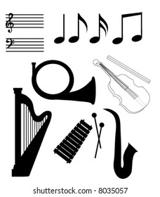 Vector Isolated music elements in black and white.