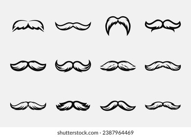 Vector Isolated Mustache Set. Face Party Decoration for Portrait, Stencil. Black and White Flat Illustration, Santa Claus Mustache Shape with Outline, Silhouette. Fathers Day Symbol