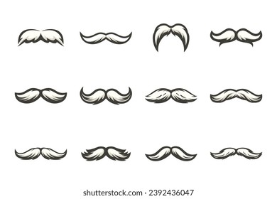 Vector Isolated Mustache Set. Face Party Decoration for Portrait, Stencil. Black and White Flat Illustration, Santa Claus Mustache Shape with Outline, Silhouette. Fathers Day Symbol