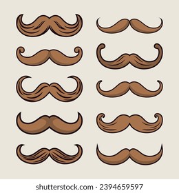 Vector Isolated Mustache Set. Face Party Decoration for Portrait, Stencil. Cartoon Flat Illustration, Santa Claus Mustache Shape with Outline, Silhouette. Fathers Day Symbol