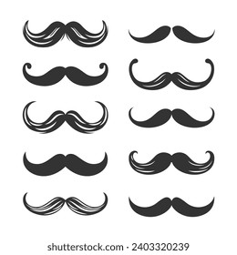 Vector Isolated Mustache Set. Face Party Decoration for Portrait, Stencil. Cartoon Flat Illustration, Santa Claus Mustache Shape, Silhouette. Fathers Day Symbol