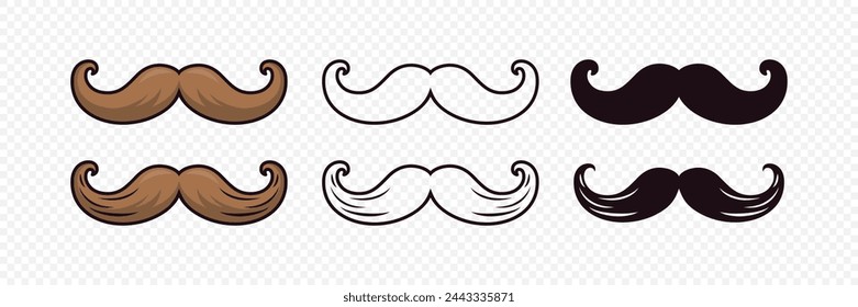 Vector Isolated Mustache Set. Face Party Decoration for Portrait, Stencil. Cartoon Flat Illustration, Santa Claus Mustache Shape, Silhouette. Fathers Day Symbol