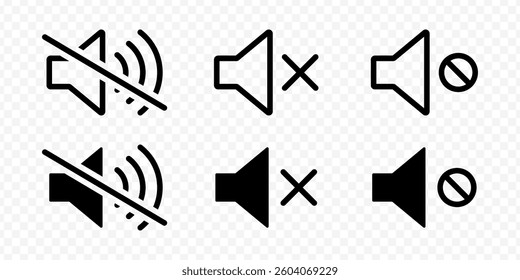 Vector isolated Mute Volume icon set in black outline and fill