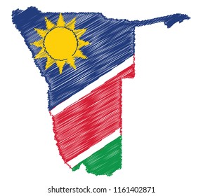 Vector de Namibia aislado mapa con la bandera. Concepto de ilustración de lápiz de lápiz de lápiz de estilo de grabado.