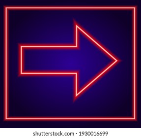 El vector aisló la flecha de neón de color rojo en un marco rectangular rojo sobre un fondo azul oscuro. línea de color de flecha roja brillante para la plantilla de diseño