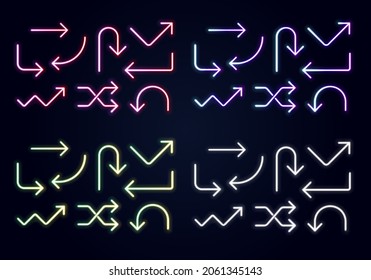 Vector of isolated neon directional arrow, LED pointer lines, Retro street glowing light signs with 4 difference colors. (red, blue, green and white)