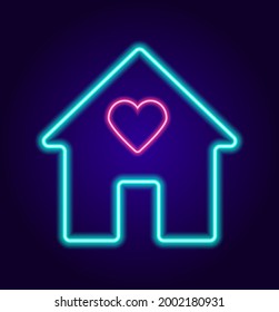 Vector isolated neon house sign in blue color with a pink heart inside isolated house sign with a heart-shaped window glow with a blue outline on a dark background for a design template. a symbol of l