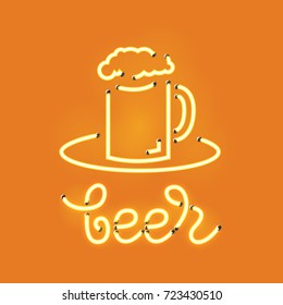 Vector isolated neon sign of beer mug for decoration on the orange background. Realistic neon logo for beer bar. Concept of cafe, pub or restaurant.