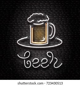 Vector isolated neon sign of beer mug for decoration on the wall background. Realistic neon logo for beer bar. Concept of cafe, pub or restaurant.