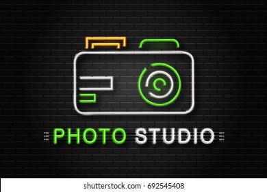 Vector isolated neon sign of camera for decoration on the wall background. Realistic neon logo for photo studio. Concept of photographer profession and creative process.