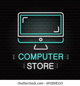 Vector isolated neon sign of computer for decoration on the wall background. Realistic neon logo for computer store. Concept of electronics shop and technology.