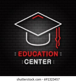 Vector isolated neon sign of graduation cap for decoration on the wall background. Realistic neon logo for education center. Concept of back to school and university.