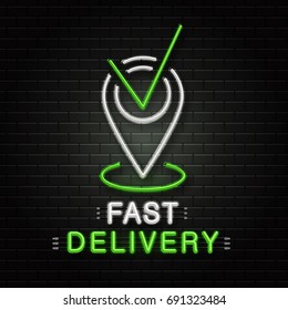 Vector isolated neon sign of map pin for decoration on the wall background. Realistic neon logo for fast delivery service. Concept of logistics, transportation and courier profession.
