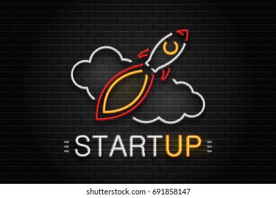 Vector isolated neon sign of rocket and clouds for decoration on the wall background. Realistic neon logo for startup. Concept of business and success.