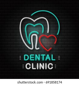 Vector isolated neon sign of tooth for decoration on the wall background. Realistic neon logo for dental clinic. Concept of healthcare, dentist profession and medicine.