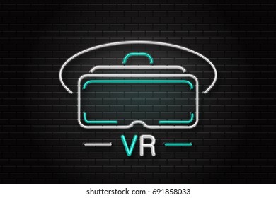 Vector isolated neon sign of VR glasses for decoration on the wall background. Realistic neon logo for virtual reality entertainment experience. Concept of game and cyberspace.