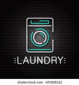 Vector isolated neon sign of washing machine for decoration on the wall background. Realistic neon logo for laundry. Concept of housekeeping and cleaning service.