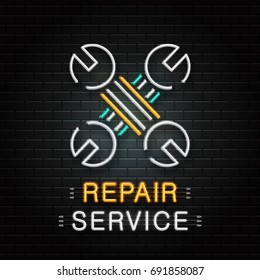 Vector isolated neon sign of wrench tools for decoration on the wall background. Realistic neon logo for repair service. Concept of mechanic fix and car repair.