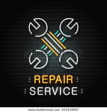Vector isolated neon sign of wrench tools for decoration on the wall background. Realistic neon logo for repair service. Concept of mechanic fix and car repair.