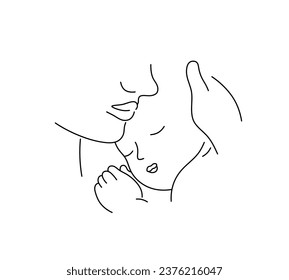 Vector isolated newborn baby head near mother head colorless black and white contour line easy drawing