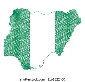 Vector of isolated Nigeria map with the flag. Engraving style hatching pen pencil painting illustration concept.