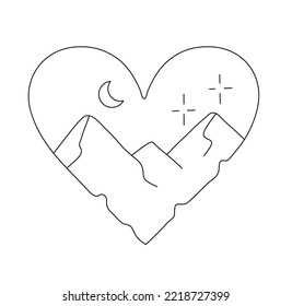 Vector isolated night mountains with crescent moon inside heart shape colorless black and white contour line easy drawing