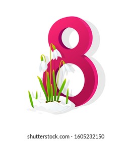 
Vector isolated number eight, in pink colors, with white background. 3D, voluminous postcard for March 8. The figure with flowers, snowdrops. Symbol of women's holiday, icon